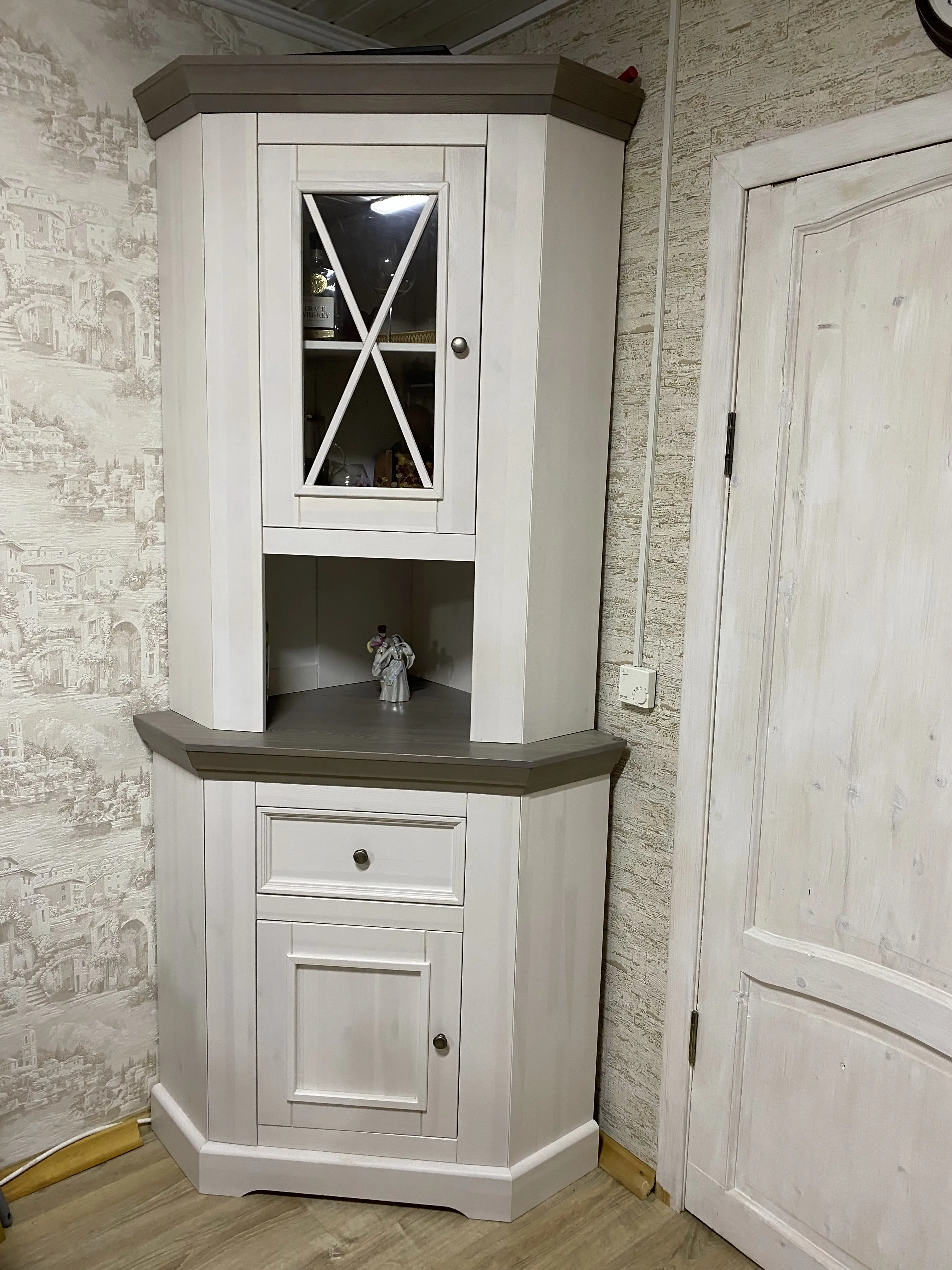 Надстройка комода углового (буфет угловой) Форест белый воск/серый