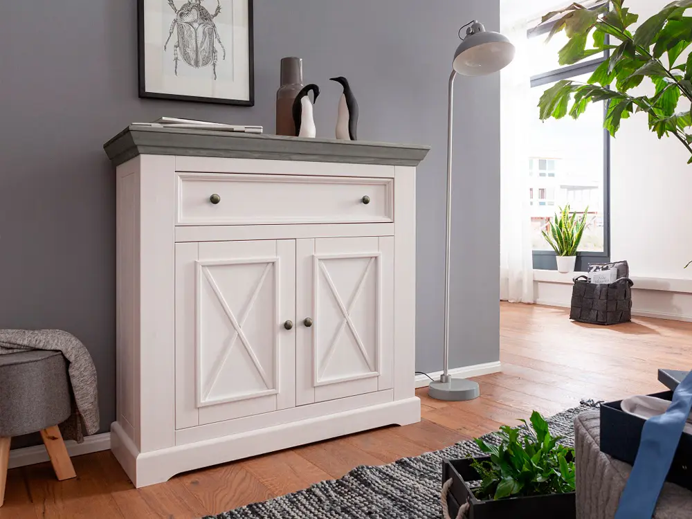 Комод Форест 2 двери 1 ящик с 2 полками Форест белый воск/серый