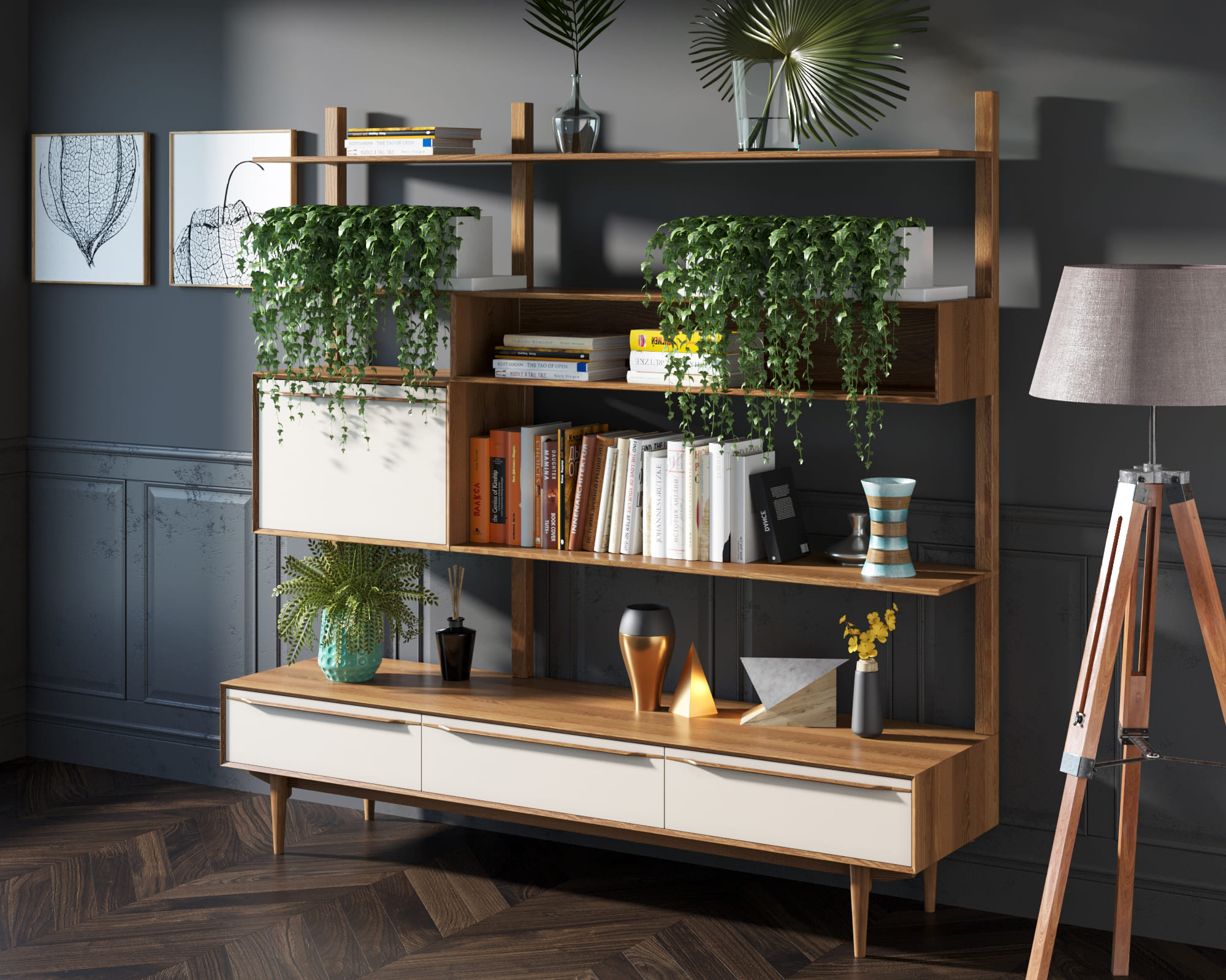 Стеллаж "Bruni white" с ящиками массив