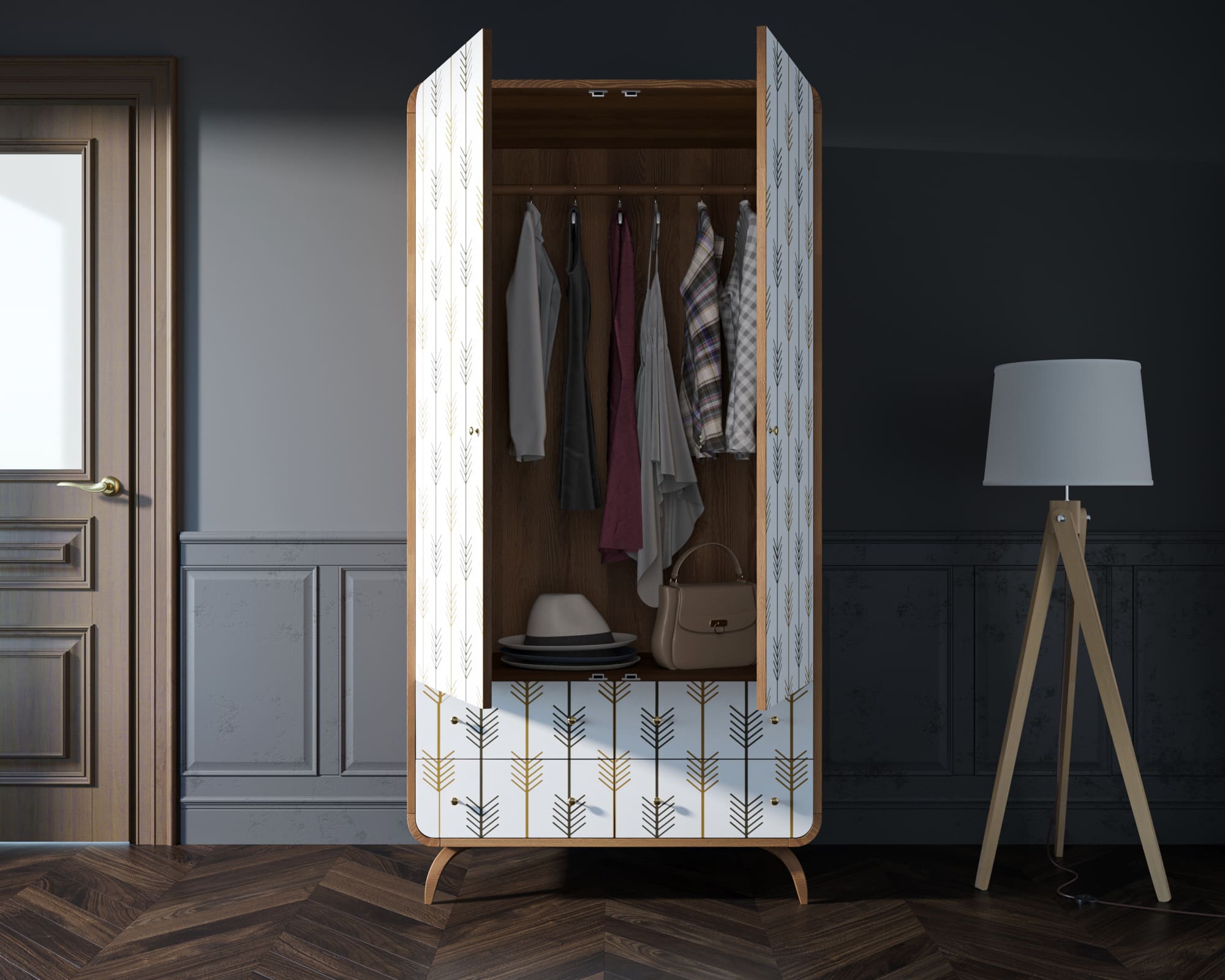 Шкаф двухстворчатый распашной с ящиками в скандинавском стиле "Ellipse Print" принт 2