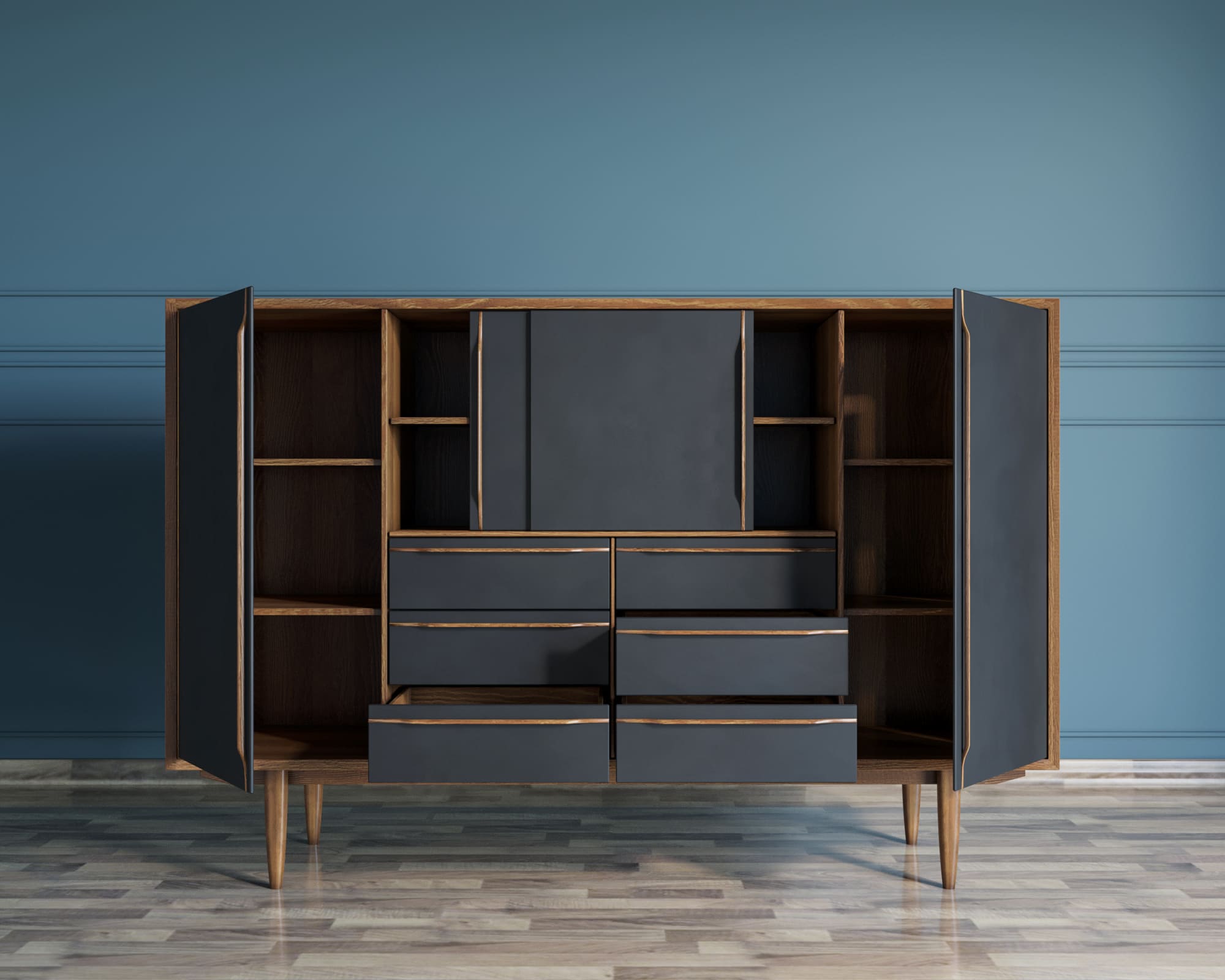 Большой комод с ящиками и дверками чёрный "Bruni Black"