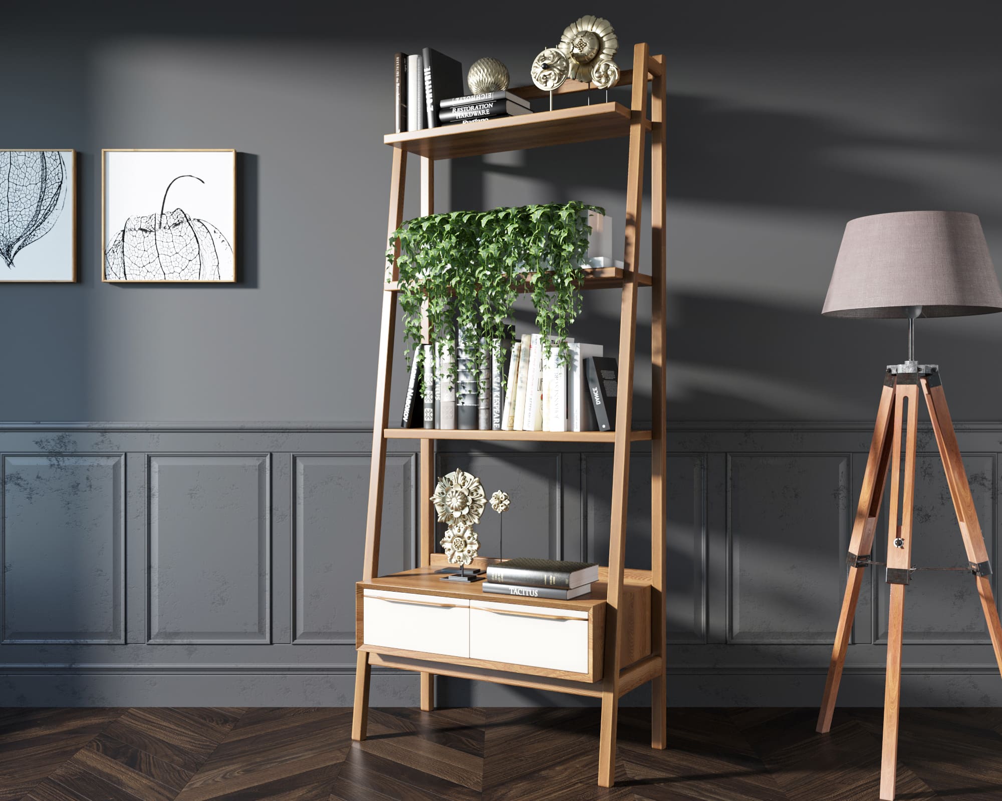   Узкий стеллаж из дерева «Bruni white" с двумя ящиками  