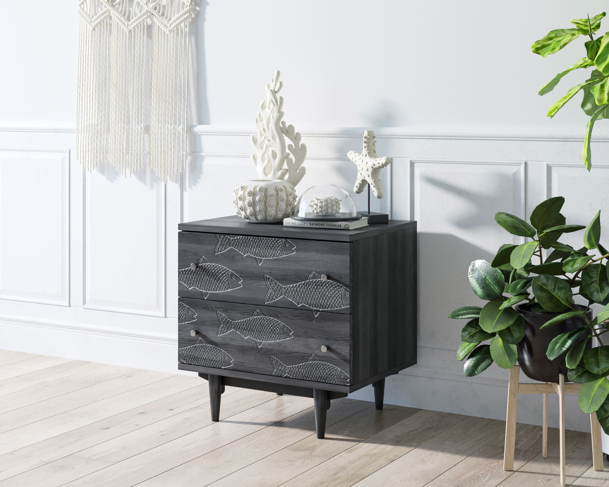 Комод серый 2 ящика "Boho" с рыбами