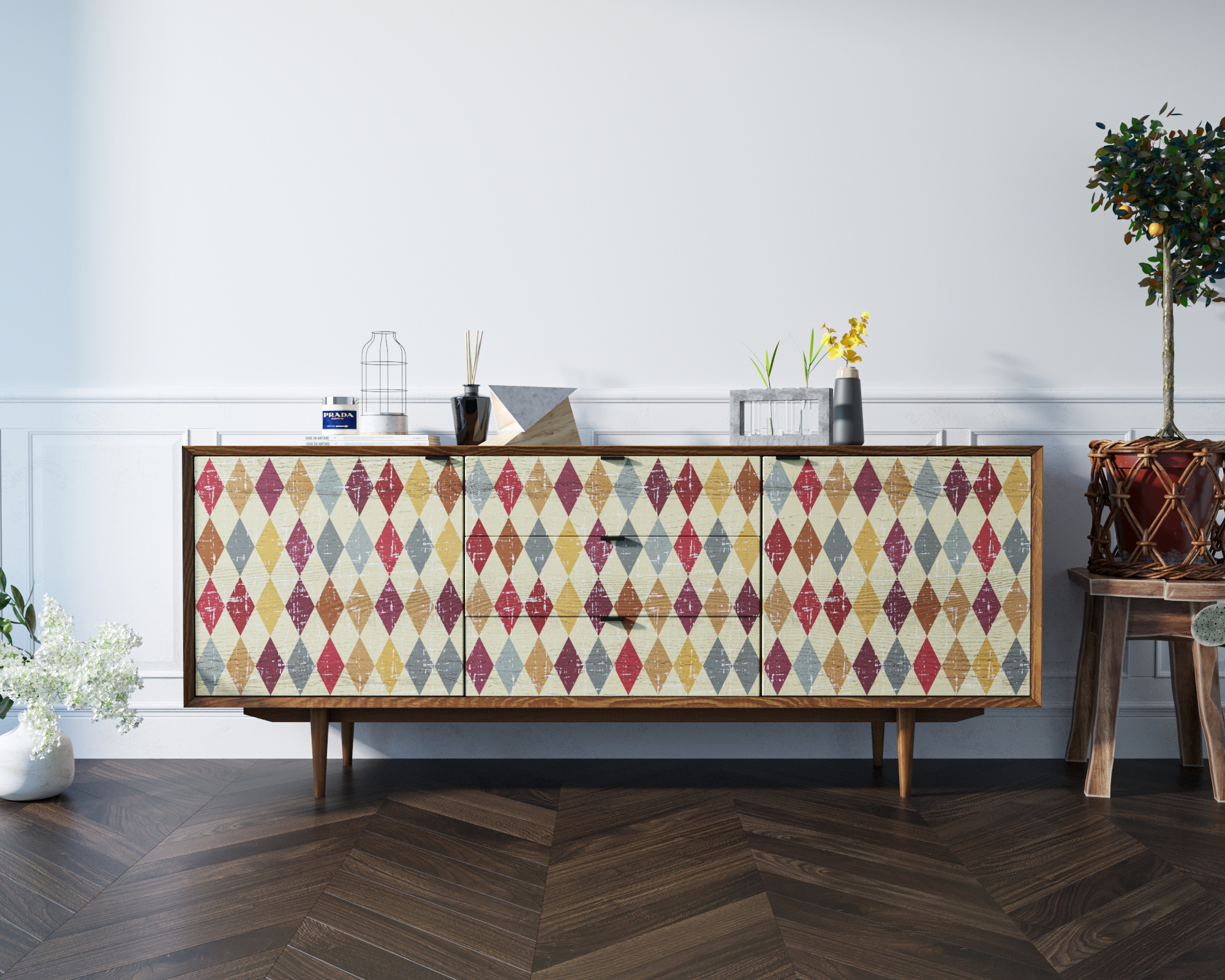 Комод массив "Bruni print" с тремя ящиками и дверками