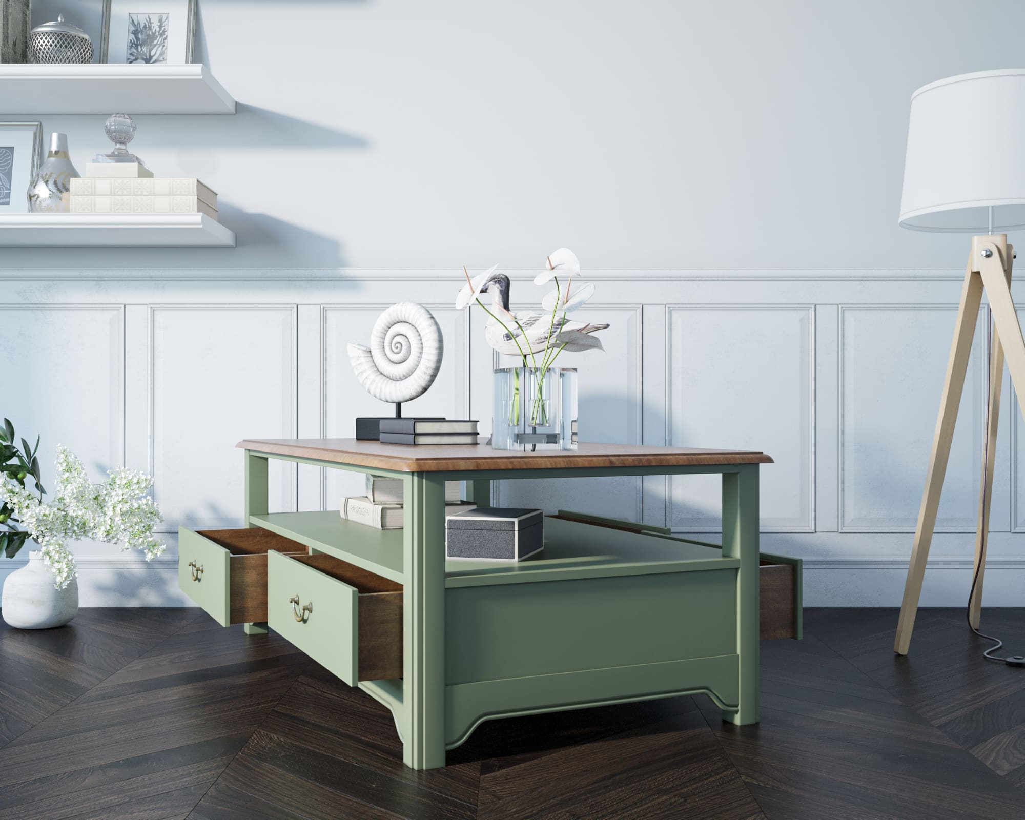 Стол из дерева в стиле Прованс журнальный "Olivia" 4 ящика.