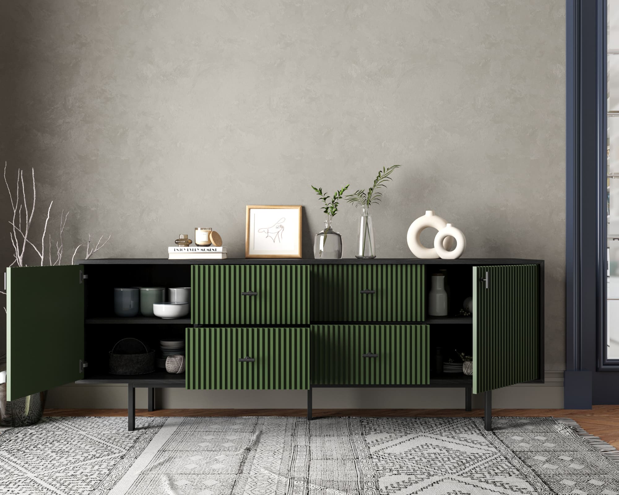 Комод две дверки и четыре ящика "Emerson" арт EM19/green/L