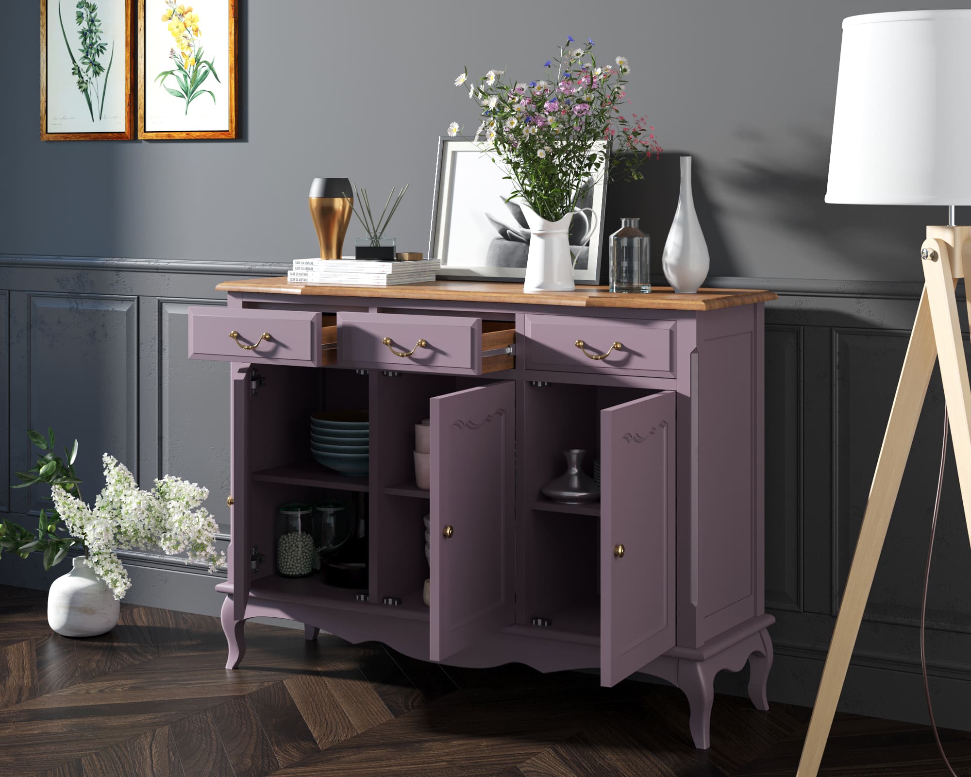 Комод 3 ящика массив "Leontina Lavanda" (3 ящика и 3 двери)