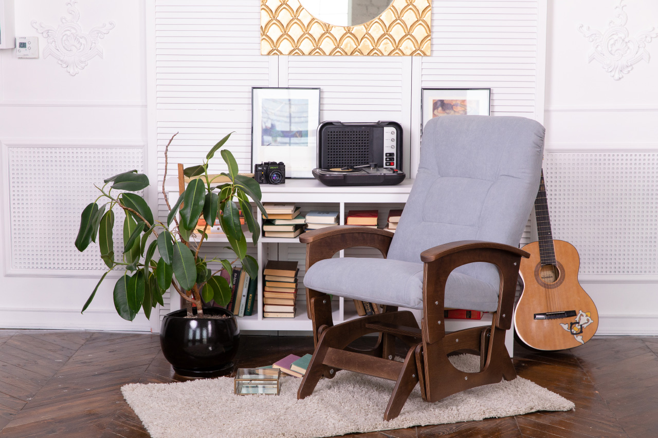 кресло-качалка глайдер Орион Серо-голубой каркас Орех