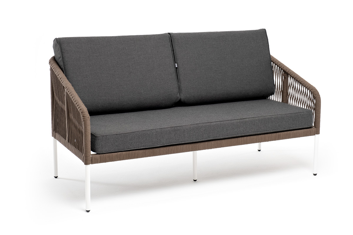 "Каннизо" диван 2-местный плетеный из роупа, каркас алюминий белый, роуп коричневый круглый, ткань серая