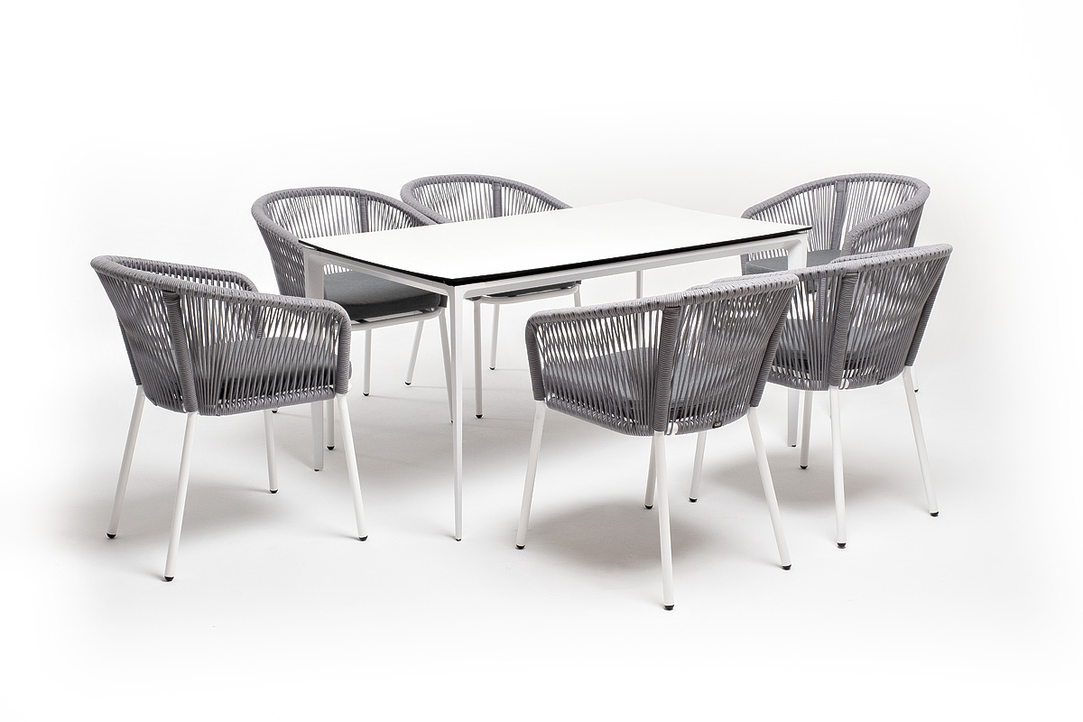 "Малакио" обеденная группа на 6 персон со стульями "Марцелло", каркас белый, роуп светло-серый
