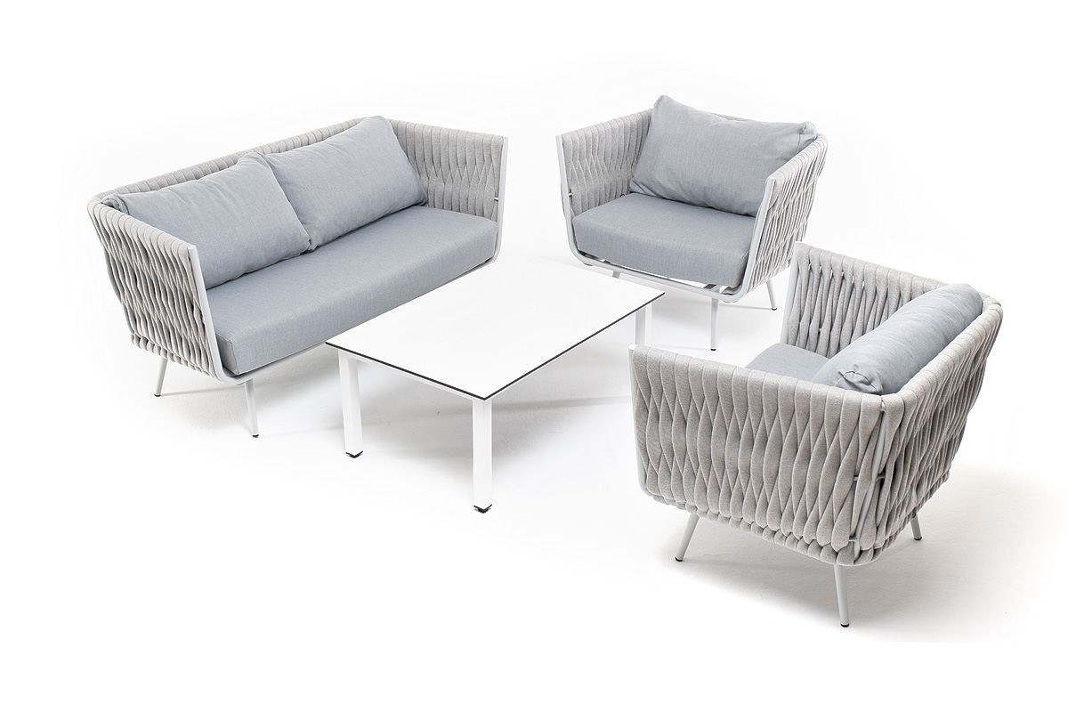 "Монарк" лаунж-зона 4-местная из роупа со столом "Каннизо" молочный, каркас светло-серый, роуп светло-серый